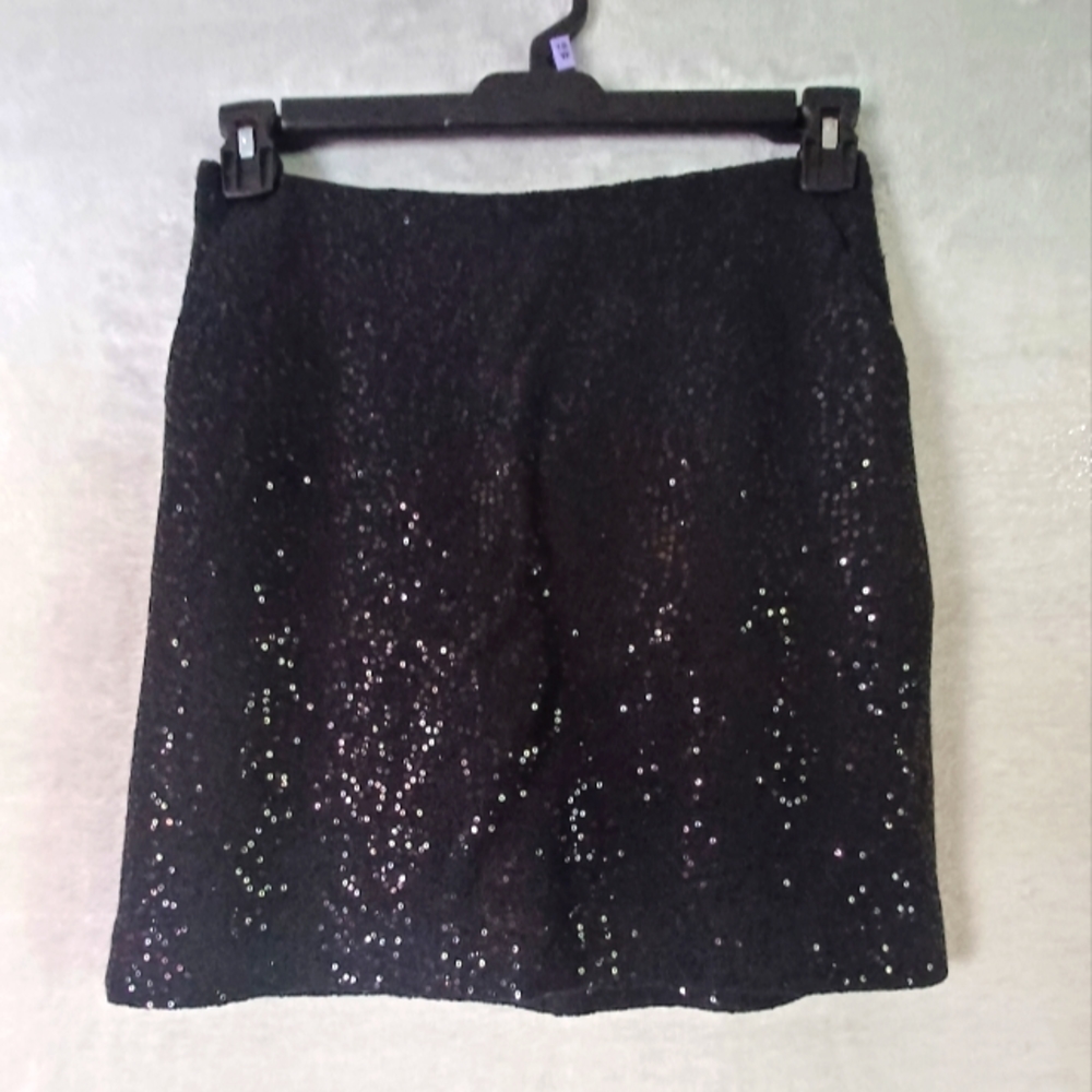 Ann Taylor Black Sequin Sparkles Wool Blend Straight Mini Skirt Size 0 Lined.